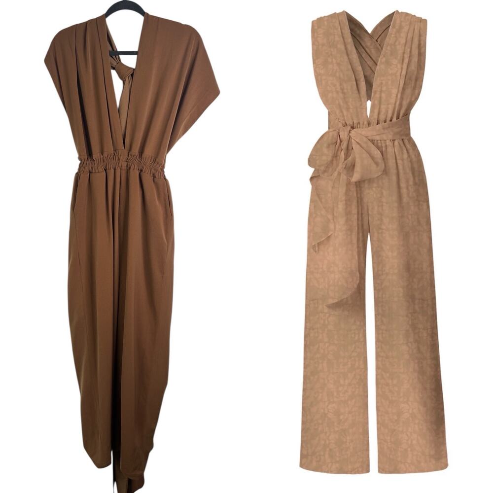 DiarraBlu Umy Jumpsuit Wrap‎ Camel Brown Convertible Open Back XS/S Flawed